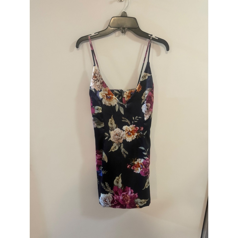 Lux LA Floral Satin Mini Dress Navy Blue V-Neck Spaghetti Strap Bodycon Small